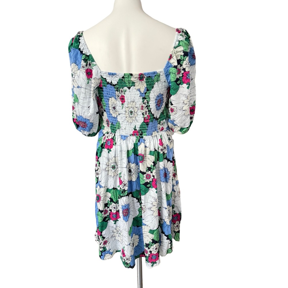 Gap Floral Smocked Back Puff Sleeve Mini Dress Blue Pink Pockets Cotton Womens M - Picture 2 of 9